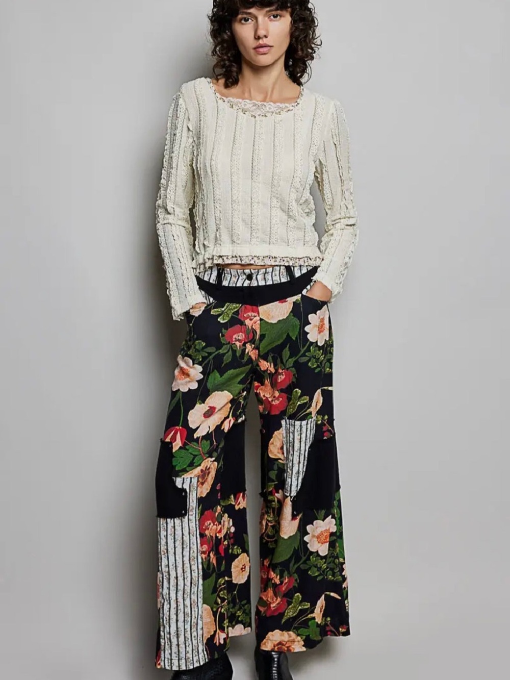 025. POL, Floral mixed media pants, various sizes